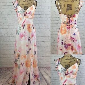 Crystal Doll Floral Lace Up One Ruffled Shoulder Maxi